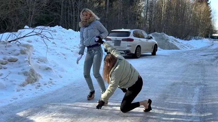 High heels on ice, heelless on ice, platfrom shoes on ice, girls on high heels on ice, slippery shoes