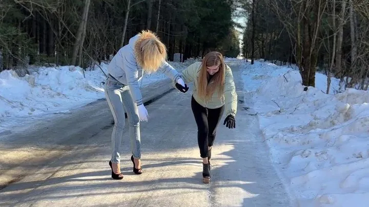 Heelless shoes on ice, platform shoes on ice, zanotti platform on ice, girls on ice, heels on ice