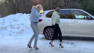 High Heels sandals on ice, strappy sandals on ice, stilettos on ice, girls on ice, slippery high heels