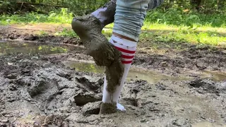 Stockings in mud, muddy nylon white socks, white socks in mud, girls walking in mud, wet white socks