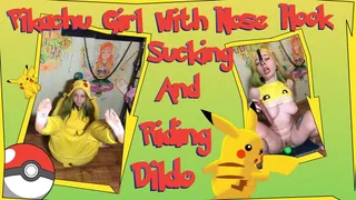 Pikachu girl with Nose Hook blowjob and rubbing her pussy about big dildo