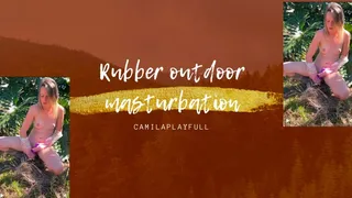 Rubber masturbation with my dildo outdoors