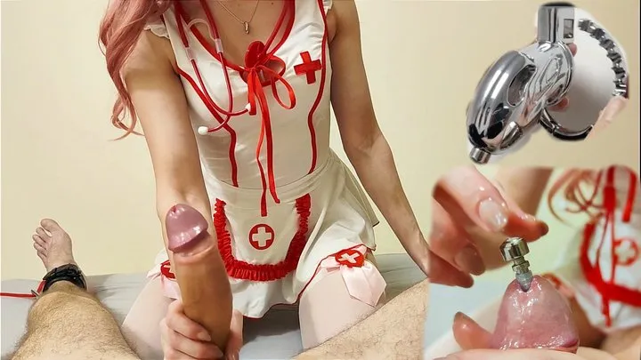 POV nurse changing chastity belt