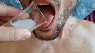 Bound slave boy swallows his own cum from a shot glass for his mistress