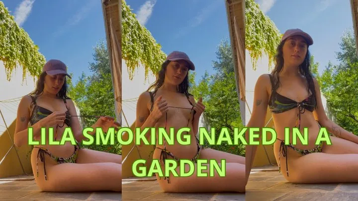 smoking naked in a garden