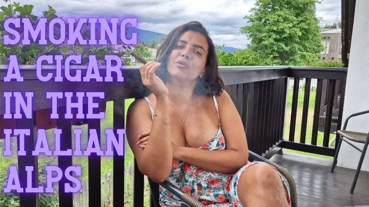 MILF sensually smokes a cigar in the Alps