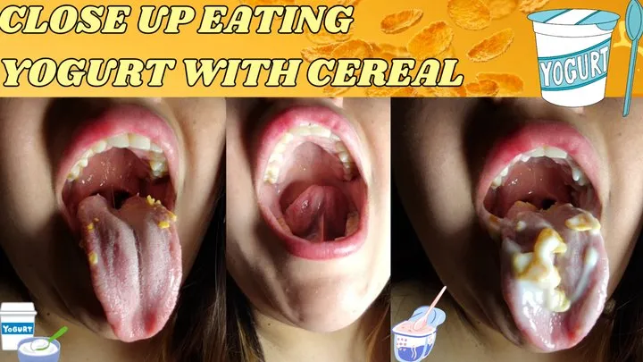 Close up eating yogurt with cereal