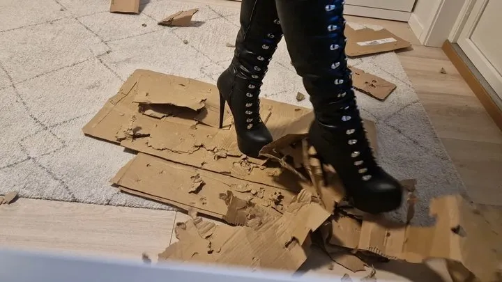 Leathana stomps and kicks cardboard